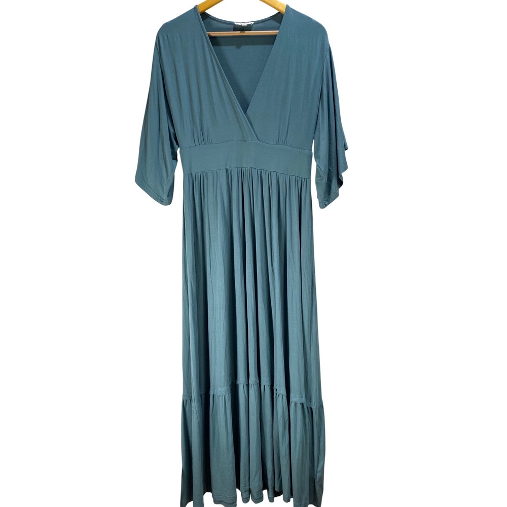 Umgee Women Boho Maxi Dress Small Blue V-Neck Empire Waist Tiered Minimalist EUC